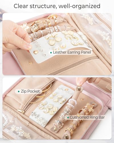 Marscamd Travel Jewelry Case Organizer, Foldable Jewelry Bag, Pink | with Zipper Jewelry Bag for Earrings, Rings, Necklaces, Bracelets, Brooches - color: Pink