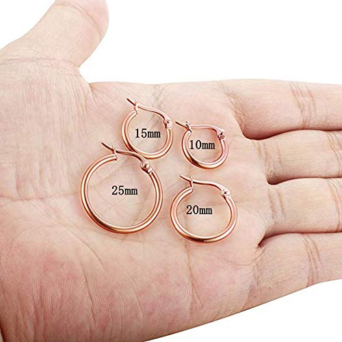 4 Pairs Stainless Steel Round Hoop Cute Huggie Earrings For Women Small Hoop Earring Set(10mm,15mm,20mm,25mm) - color: Rose Gold Tone-4Pairs