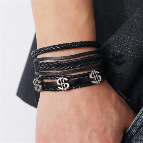 Leather Cuff Bracelet for Men Women, Multilayer Braided Wristband, Adjustable 6.5-9.5 Inches Wrap Bracelets Punk Gothic Grunge - color: Dollar set - 6Pcs