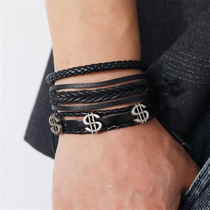 Leather Cuff Bracelet for Men Women, Multilayer Braided Wristband, Adjustable 6.5-9.5 Inches Wrap Bracelets Punk Gothic Grunge - color: Dollar set - 6Pcs