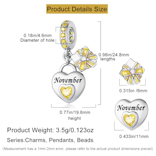HappyStar 925 Sterling Silver Happy Birthday Bead Charm Love Heart Shape Birthstone Charms for Bracelets Dangle Pendant with 5A Cubic Zirconia Compatible Pandora Bracelets Jewelry Gift for Women - color: 92-November Birthstone Charms