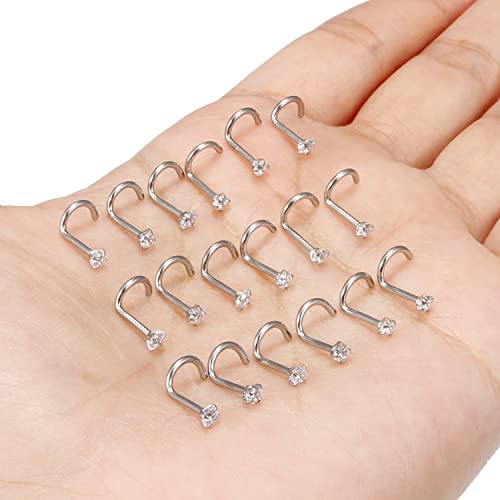 18G 20G 22G Nose Rings Studs with Cubic Zirconia 316L Surgical Steel Straight Screw L Shaped Nose Studs Piercing Jewelry for Women Men Girl CZ 1.5mm 2mm 2.5mm 3mm 20Pcs - color: B:18G Screw- Silver 2.5mm