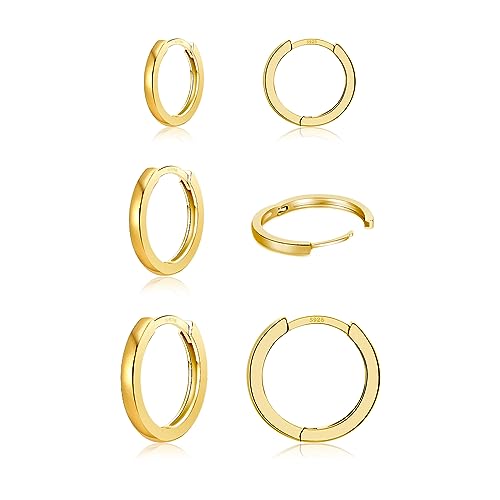 3 Pairs 925 Sterling Silver Small Huggie Hoop Earrings for Women Men | 14K White Gold Plated, Hypoallergenic, Small Silver Hoops - color: K-Gold 6/8/10mm