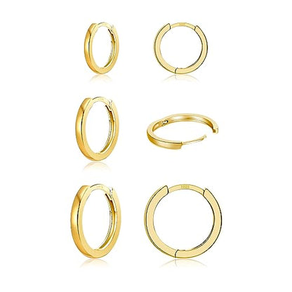 3 Pairs 925 Sterling Silver Small Huggie Hoop Earrings for Women Men | 14K White Gold Plated, Hypoallergenic, Small Silver Hoops - color: K-Gold 6/8/10mm