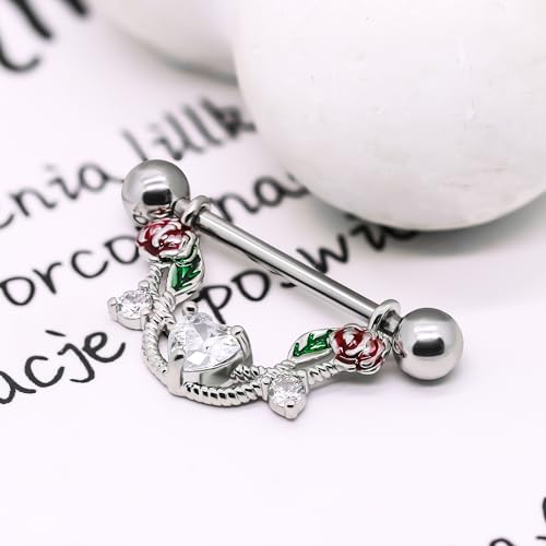 2pcs 14G Nipple Rings Flower Nipple Bars Surgial Steel 316L Nipple Piercing Jewelry Heart Nipple Barbell for Women - color: WHITE HEART