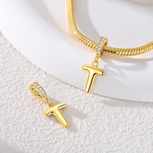 Hapour Gold Initial Letter Charms 925 Sterling Silver Alphabet Beads | 14K Gold Plated, A-Z Letter Charms, For Bracelets Necklace, Cubic Zirconia, DIY Dangle Pendant Beads, For Women Mom - color: Golden initial letter T