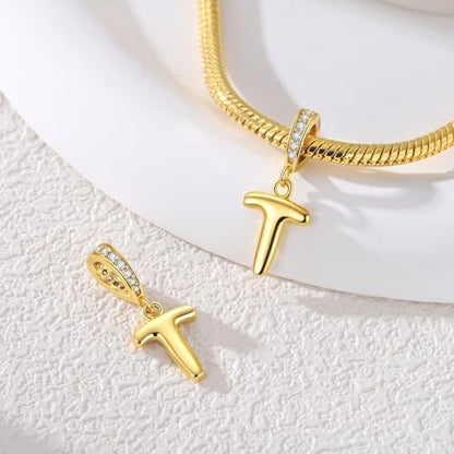 Hapour Gold Initial Letter Charms 925 Sterling Silver Alphabet Beads | 14K Gold Plated, A-Z Letter Charms, For Bracelets Necklace, Cubic Zirconia, DIY Dangle Pendant Beads, For Women Mom - color: Golden initial letter T
