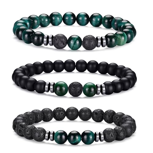 Mens Beaded Bracelets Set 8MM Tiger Eye Lava Stone Stretch Natural Stone Men's Bead Bracelet Mens Bracelet - color: 3, Green Tiger Eye, Frosted, Volcano Bracelet
