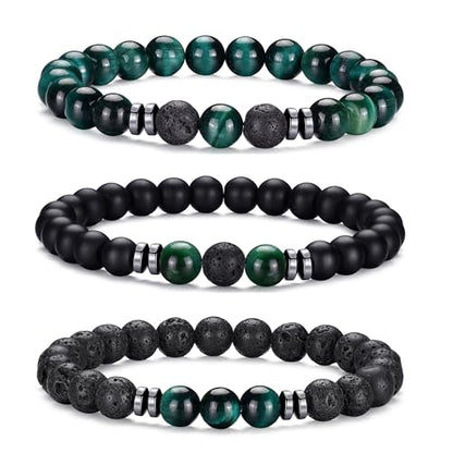 Mens Beaded Bracelets Set 8MM Tiger Eye Lava Stone Stretch Natural Stone Men's Bead Bracelet Mens Bracelet - color: 3, Green Tiger Eye, Frosted, Volcano Bracelet