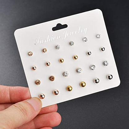 CZ Stud Pearl Earrings for Women Simulated Diamond Cubic Zirconia Earring Set Ear Studs Earring for Birthday Christmas Gifts Gold Silver 12 Pairs - color: 12 Paris