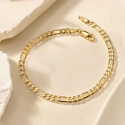 14K Gold Filled Figaro Bracelet for Women Men, 3mm/5mm Italian Figaro Link Chain Bracelets, 6.5-8.5 Inch, Hypoallergenic, Non Tarnish, Dainty Unisex Jewelry, Pulsera de Oro 14K para Mujer
