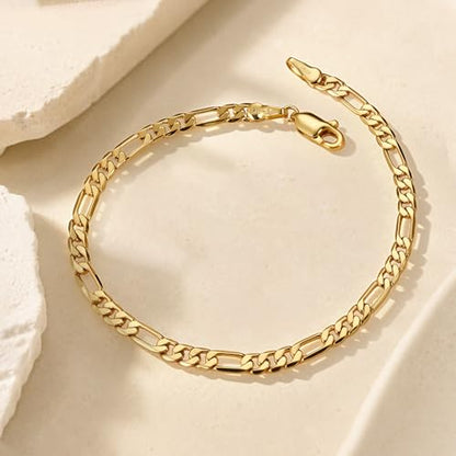 14K Gold Filled Figaro Bracelet for Women Men, 3mm/5mm Italian Figaro Link Chain Bracelets, 6.5-8.5 Inch, Hypoallergenic, Non Tarnish, Dainty Unisex Jewelry, Pulsera de Oro 14K para Mujer
