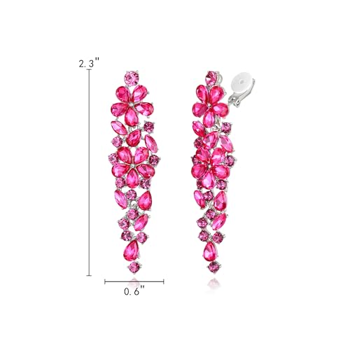 EleQueen Women's Sparkle Statement Clip-On Chandelier Earrings | Marquise Crystals Earrings for Women, Art Deco Prom Jewelry for Wedding Bride Bridesmaid - color: Hot Pink Silver-Tone