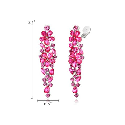 EleQueen Women's Sparkle Statement Clip-On Chandelier Earrings | Marquise Crystals Earrings for Women, Art Deco Prom Jewelry for Wedding Bride Bridesmaid - color: Hot Pink Silver-Tone