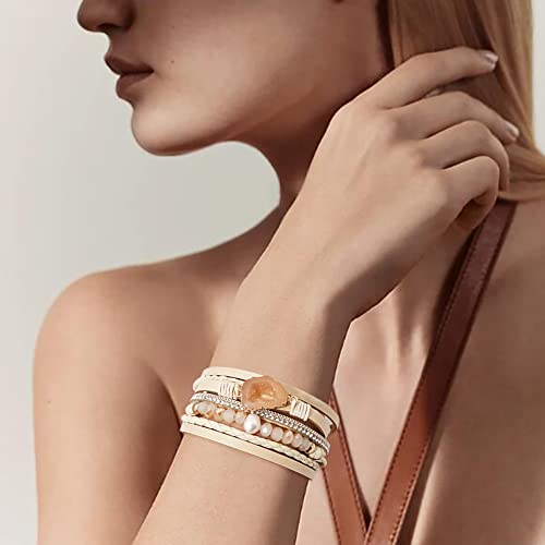 Leather Wrap Bracelet Set 3Pack Wrist Cuff Bracelet for Women Multilayer Magnetic Clasp Bracelet Feather Tree Bead Crystal Bracelet - color: Love Crystal
