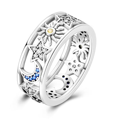 Hapour 925 Sterling Silver Rings for Women Firefly Ring, Glow in the Dark | Sun Moon Star Band Ring Rainbow Evil Eye Chunky Heart Thumb Pinky Stackable Dainty Ring, 14K Gold Plated, Cubic Zirconia - color: Carved Sun and Moon, size: 8