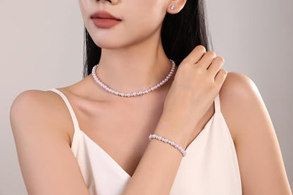 6mm Pearl Jewelry Set for Women & Girls, Necklace Bracelet Earrings | Sparkling Rhinestone Detail, Faux Pearl Set, Prom Gift - style: 16 inches purple