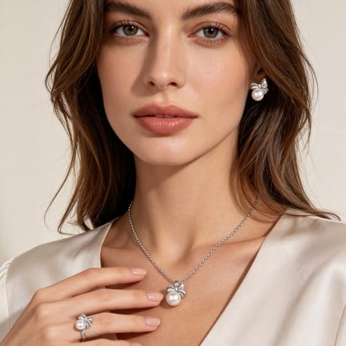 NEWITIN 15 Pieces Pearl Jewelry Set for Women Wedding Costume Accessories | Hypoallergenic, Cubic Zirconia, CZ Necklaces Earrings Bracelets Rings, Silver Jewelry for Wedding Bride Bridesmaid Party Prom - color: Silver Pearl B