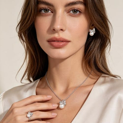 NEWITIN 15 Pieces Pearl Jewelry Set for Women Wedding Costume Accessories | Hypoallergenic, Cubic Zirconia, CZ Necklaces Earrings Bracelets Rings, Silver Jewelry for Wedding Bride Bridesmaid Party Prom - color: Silver Pearl B