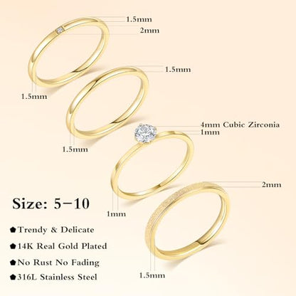 VOLUKA 4 Pcs Stainless Steel Rings for Women Set Knuckle Rings Simple Smooth Finger Stackable Rings Set Plain Band Rings for Women Men - color: Gold