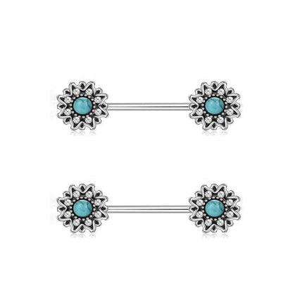 Kokoma Vintage Flower Nipple Rings for Women Turquoise Crystal CZ 14G Stainless Steel Nipplerings Barbell Nipple Piercing Nipple Shield Rings Body Piercing Jewelry