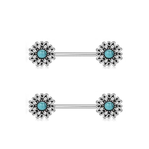 Kokoma Vintage Flower Nipple Rings for Women Turquoise Crystal CZ 14G Stainless Steel Nipplerings Barbell Nipple Piercing Nipple Shield Rings Body Piercing Jewelry
