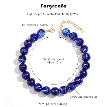 Chunky Beaded Necklace for Women Trendy Boho Collar Statement Necklace Large Round Resin Beads Choker Necklaces Summer Beach Jewelry Gifts - color: Dark Blue