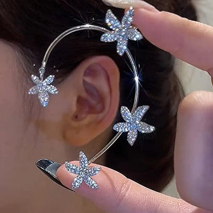 BETHYNAS Glitter Rhinestone Butterfly Flower Ear Cuff Sparkly Non-Pierced Crystal Tassel Fake Earrings Climber Lady Ear Wrap Bridal Party Ear Jewelry for Women and Girls - color: Silver Flower