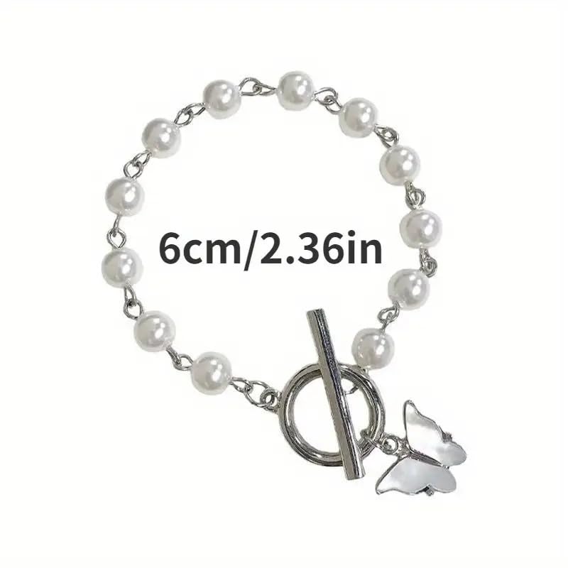 Pearl Beaded Bracelet with White Butterfly Charm, Toggle Clasp, Silver Tone