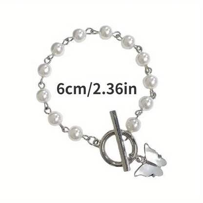 Pearl Beaded Bracelet with White Butterfly Charm, Toggle Clasp, Silver Tone