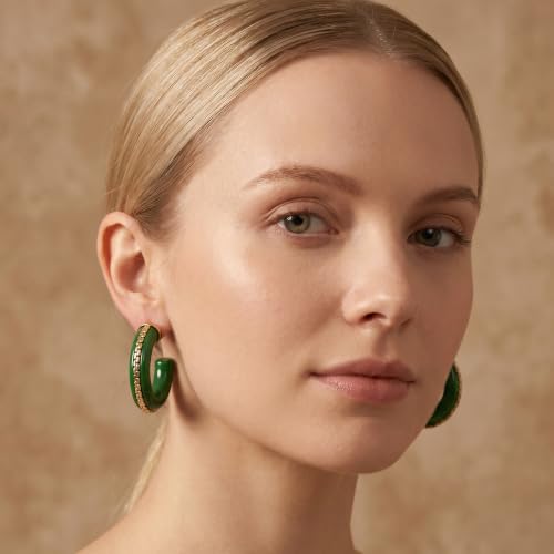Gold Plated Resin Chunky Hoop Earrings Hypoallergenic Push Back Hoops for Sensitive Ears - color: Olive Green
