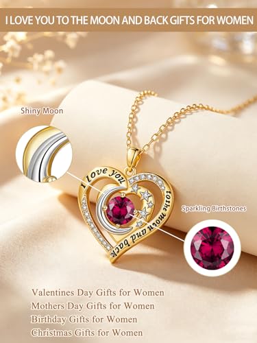 14K Gold I Love You to the Moon and Back Necklace for Women, Double Heart Birthstone Necklace, Moon Star Love Jewelry, Christmas Valentines Mothers Day Birthday Gifts for Wife Mom Girlfriend - color: 07-Jul Birthstone