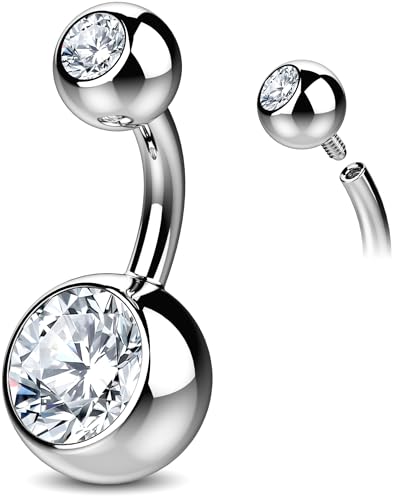 Internally Threaded Belly Button Ring G23 Titanium with Grade AAAAA Cubic Zirconia - 14g Implant Grade Titanium Belly Ring Piercing Jewelry Internal Thread - Bellybutton Rings Navel Jewelry For Women - color: Silver - 6mm