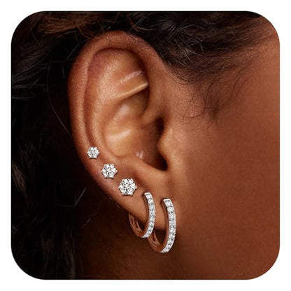 White Gold Earrings for Women Men Hoop and Stud Earring Set | Hypoallergenic 14K White Gold Plated Hoops Huggie Stud Earrings Set Round Cubic Zirconia Ear Jewelry - style: A3-White Gold-Hoop&6 Prong Round Stud (5 Pairs)