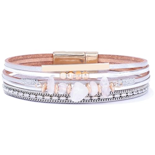 Boho Gemstone Beaded Leather Wrap Bracelets Stackable Chunky Cuff Bracelet Western Jewelry Cowboy Chic Country Concert Outfits for Women - color: Silver