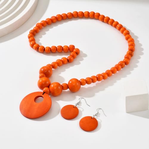 LOTSOF Boho Wooden Beaded Necklace and Earring Set for Women, Bohemian Chunky Statement Costume Jewelry, Round Drop Pendant Retro Ethnic Accessories Ladies Gift - color: Orange