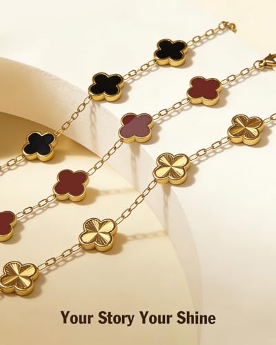 Four Leaf Clover Bracelet 18K Gold Plated Bracelets for Women Lucky Flower Design Stainless Steel Hypoallergenic Link Chain Adjustable Dainty Trendy Jewelry Gifts for Women - color: Red