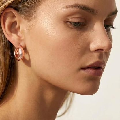 OOOPEL Gold Hoop Earrings for Women,925 Sterling Silver Chunky Hoop Earrings Hypoallergenic Lightweight 14K Gold Plated Thick Gold Hoops for Women 22mm 26mm - color: rose gold-22
