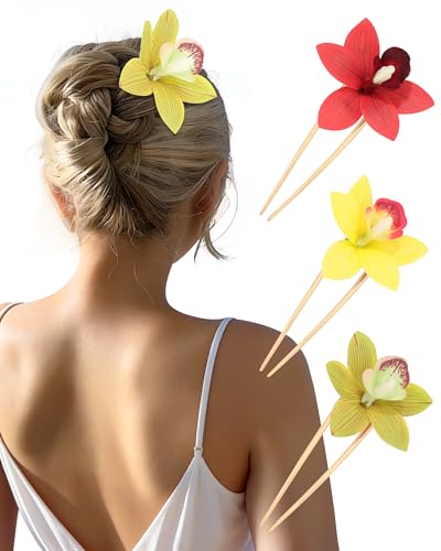 WELROG 3-Pcs Metal Hawaiian Orchid Hair Pins, Non-Slip Stick for Beach Updo | Tropical Flower Vibes,Weddings and Vacations - color: Red+Yellow+Green