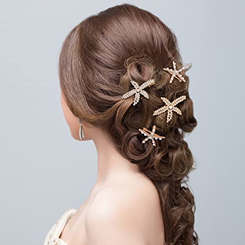 PAGOW 3 PCS Starfish Hair Clips, Gold Rhinestone Pearls Crystal Hair Clips | Sea Star Ponytail Holder, Faux Pearl Crystal Wedding Headpiece Hair Accessories For Women, Girls, Bride(1.73 x 2.48 Inch) - color: 3pcs-gold,style1