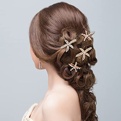 PAGOW 3 PCS Starfish Hair Clips, Gold Rhinestone Pearls Crystal Hair Clips | Sea Star Ponytail Holder, Faux Pearl Crystal Wedding Headpiece Hair Accessories For Women, Girls, Bride(1.73 x 2.48 Inch) - color: 3pcs-gold,style1