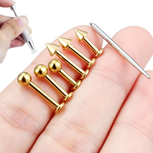 Internally Threaded Labret Studs 18G 16G 14G Surgical Steel Lip Piercing Jewelry with Claw Tool Monroe Snake Bite Jewelry Flat Back Barbell for Women Men Plus Piercing Ball Grabber Tool - color: goldtone, size: 14g,ball+spike end