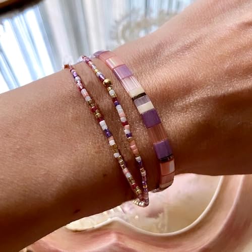 Boho 3Pcs Tila Flat Seed Beads Stack Bracelets Set for Women, Romantic Handmade Cute Gold Plated Paperclip Link Colorful Glass Ball Stretch Accessories Jewelry, Party Friendship Gift - color: Blue