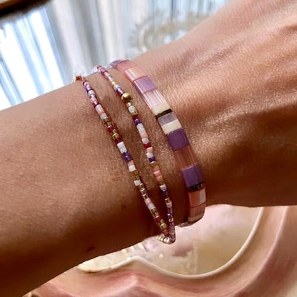 Boho 3Pcs Tila Flat Seed Beads Stack Bracelets Set for Women, Romantic Handmade Cute Gold Plated Paperclip Link Colorful Glass Ball Stretch Accessories Jewelry, Party Friendship Gift - color: Blue