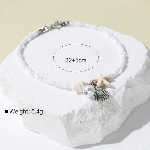 Beach Puka Shell Anklet for Women Waterproof Beaded Ankle Bracelets Adjustable Starfish Seashell Pearl Foot Chain Boho Jewerly Present for Summer Beach Party - color: beige
