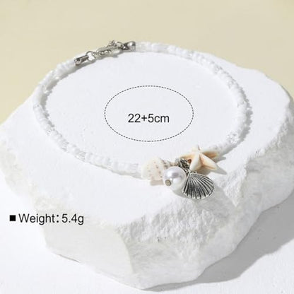 Beach Puka Shell Anklet for Women Waterproof Beaded Ankle Bracelets Adjustable Starfish Seashell Pearl Foot Chain Boho Jewerly Present for Summer Beach Party - color: beige