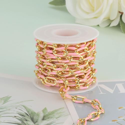 KYUNHOO 2M 18K Gold Plated Chain for Jewelry Making Pink Enamel Chain Spool | Unwelded Paperclip Chain Link Enamel Necklace Making Supplies Chunky Chains for Crafts DIY - color: Pink