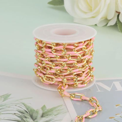 KYUNHOO 2M 18K Gold Plated Chain for Jewelry Making Pink Enamel Chain Spool | Unwelded Paperclip Chain Link Enamel Necklace Making Supplies Chunky Chains for Crafts DIY - color: Pink