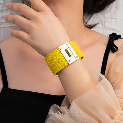 Rantanto Leather Wrap Bracelets For Women Gold Twist Lock Buckle Wrist Cuff | PU leather,Skin-friendly,Boho Stackable Wristband,Fashion Daily Jewelry,Trend Casual Party Bangle,Fit For Birthday, Holiday - color: Wide Yellow
