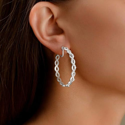 Clip On Hoop Earrings for Women Lightweight - Silver Twisted Clip-on Hoop Earings With Cubic Zirconia Fake Non Pierced Ears Jewelry - style: CZ-S40mm